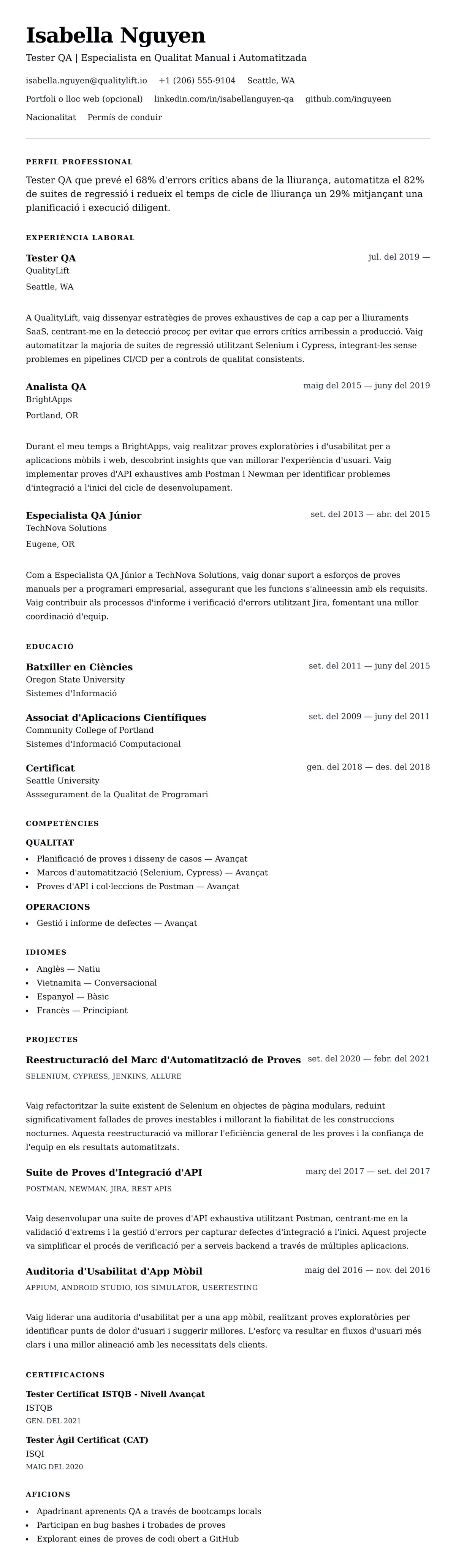 Previsualització del currículum per a Exemple de Currículum de Tester QA