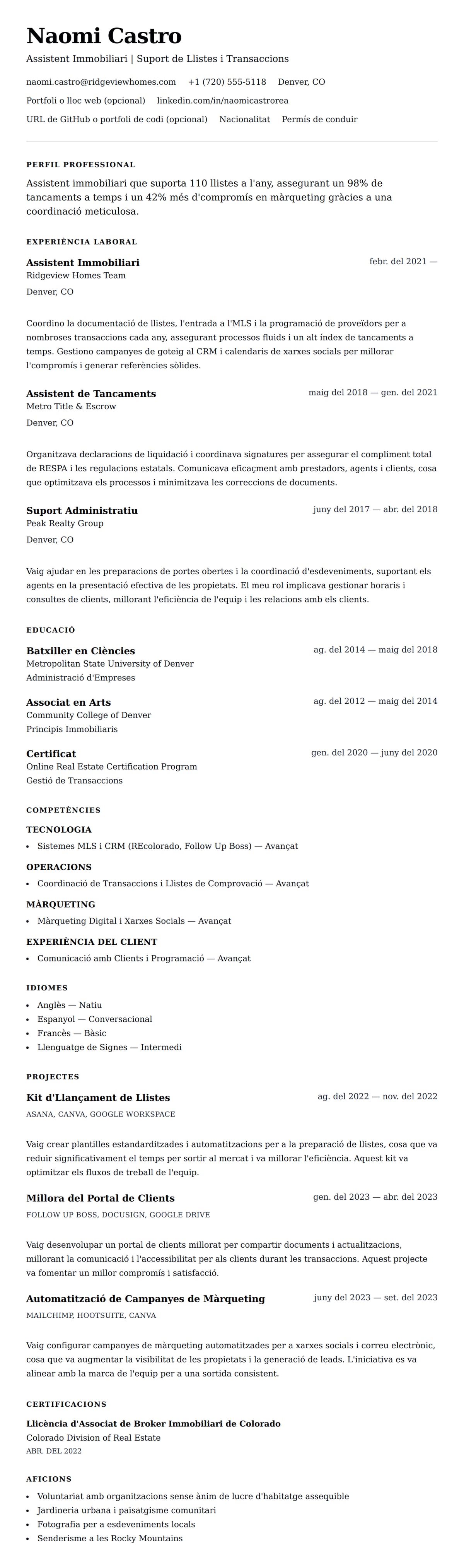 Previsualització del currículum per a Exemple de Currículum d'Assistent Immobiliari