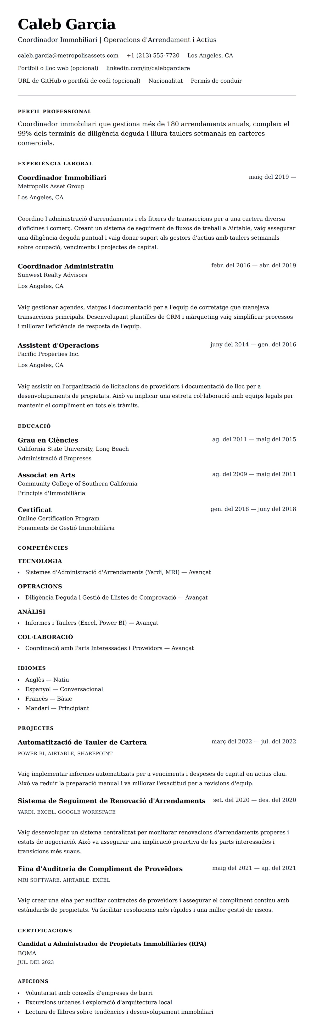 Previsualització del currículum per a Exemple de Currículum de Coordinador Immobiliari