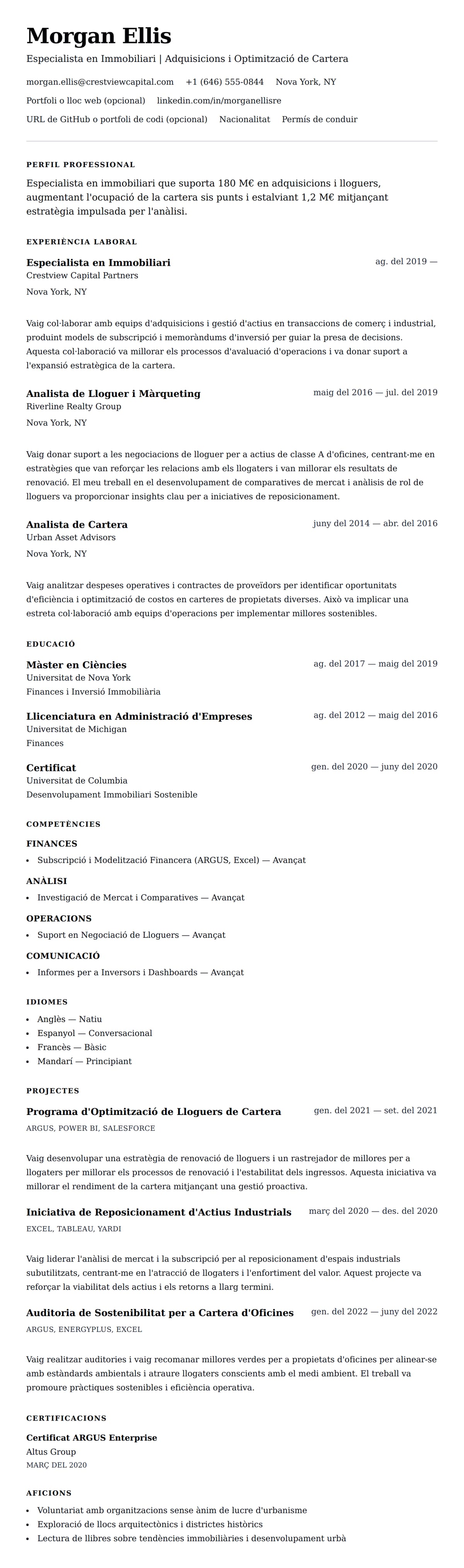 Previsualització del currículum per a Exemple de Currículum d'Especialista en Immobiliari