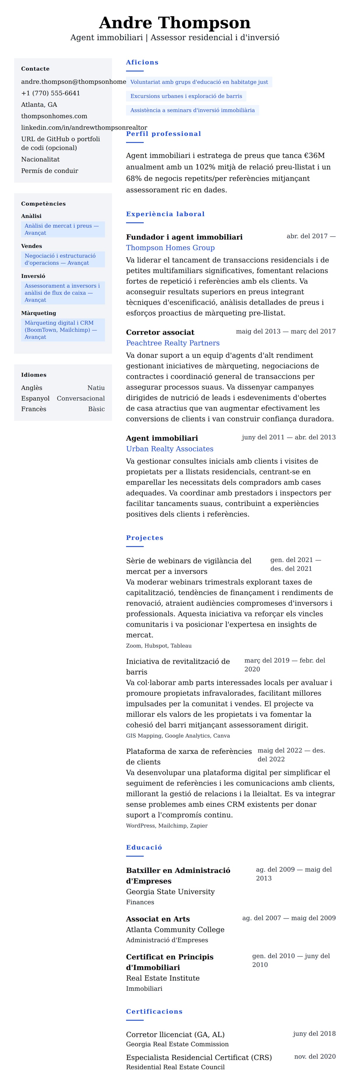 Previsualització del currículum per a Exemple de currículum d'agent immobiliari