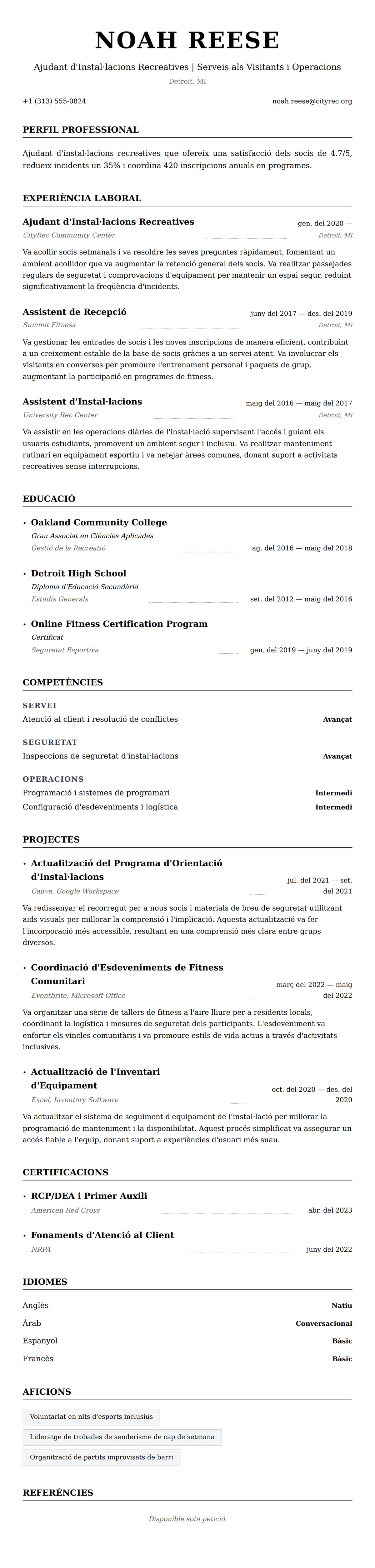 Previsualització del currículum per a Exemple de Currículum d'Ajudant d'Instal·lacions Recreatives