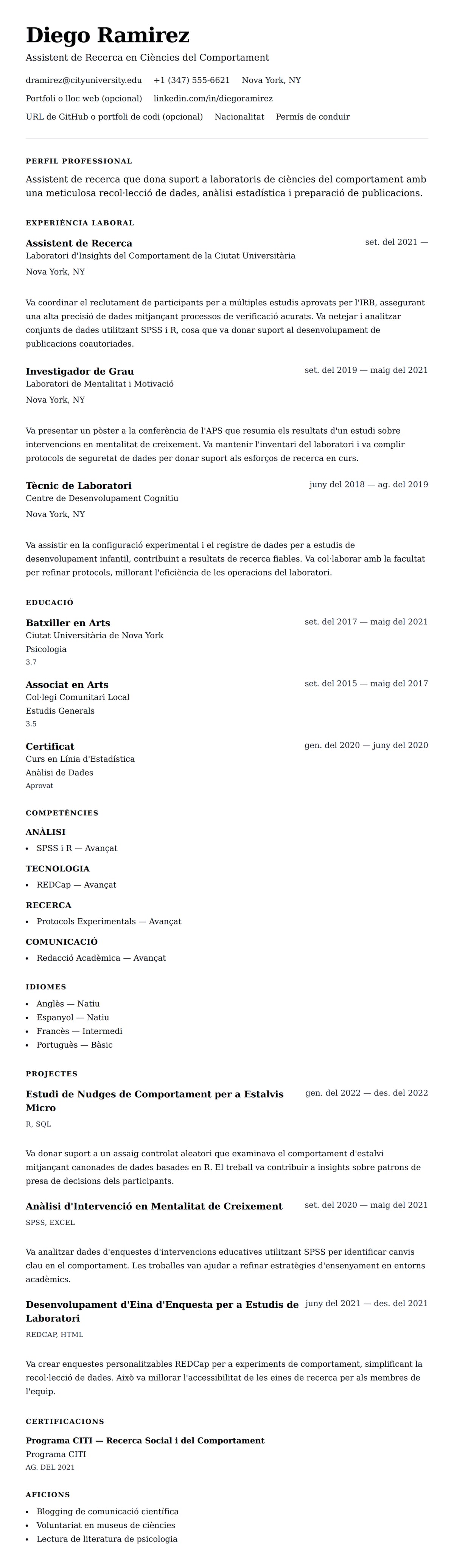 Previsualització del currículum per a Exemple de Currículum d'Assistent de Recerca