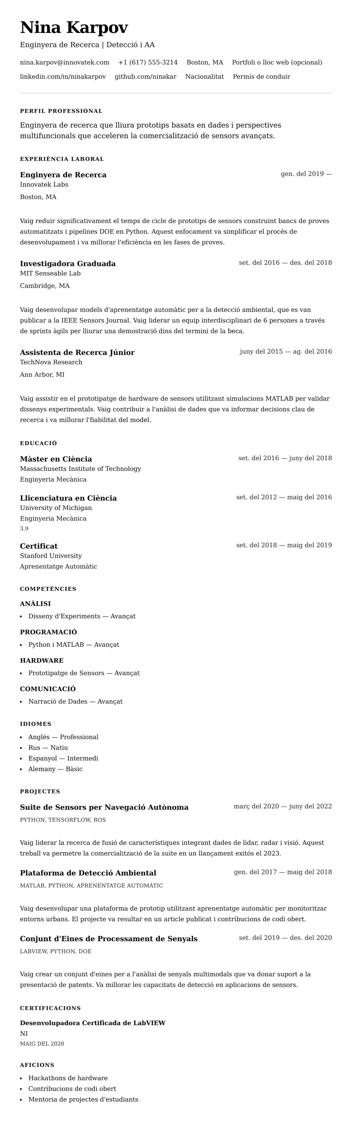Previsualització del currículum per a Exemple de Currículum d'Enginyera de Recerca
