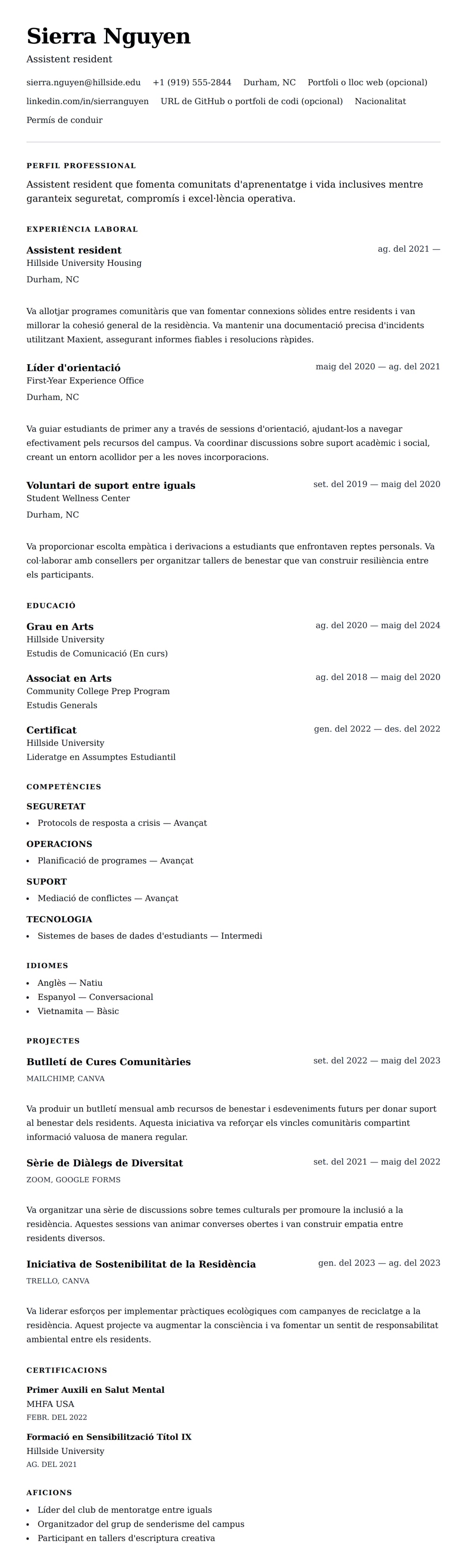 Previsualització del currículum per a Exemple de currículum d'assistent resident