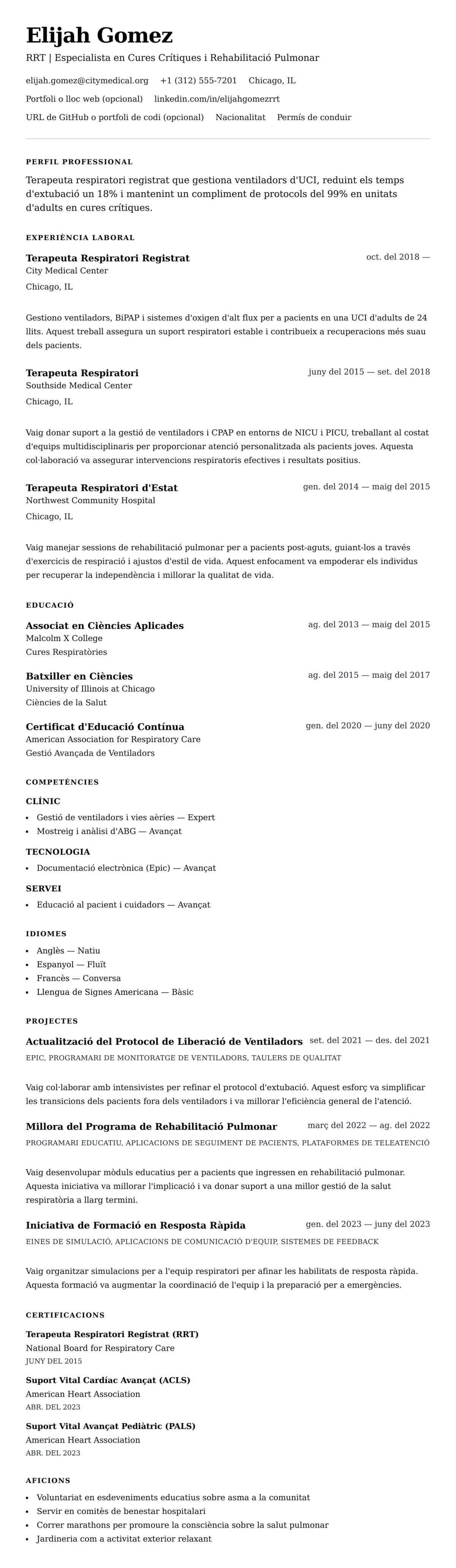 Previsualització del currículum per a Exemple de Currículum de Terapeuta Respiratori