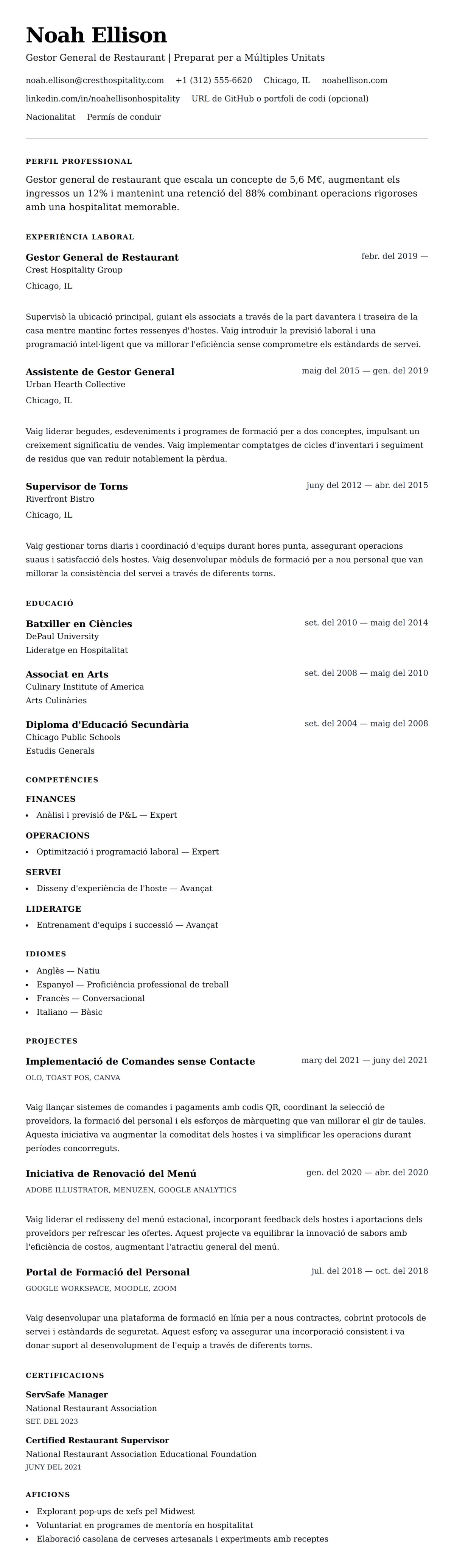 Previsualització del currículum per a Exemple de Currículum de Gestor de Restaurant