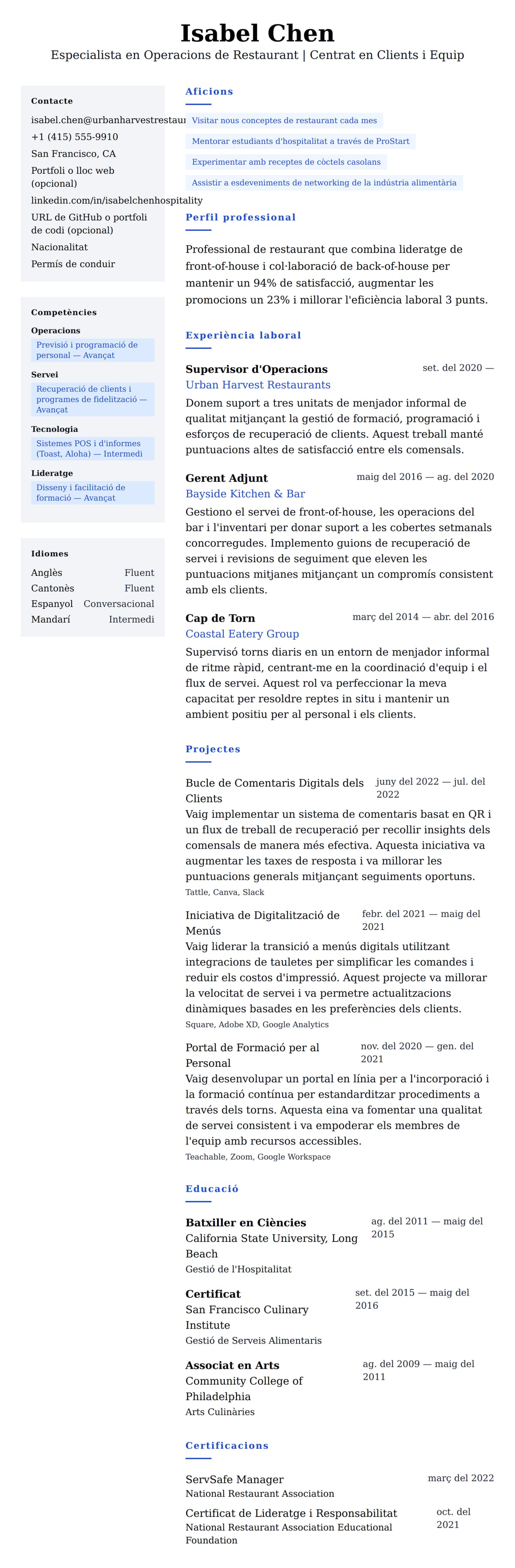 Previsualització del currículum per a Exemple de Currículum de Professional de Restaurant