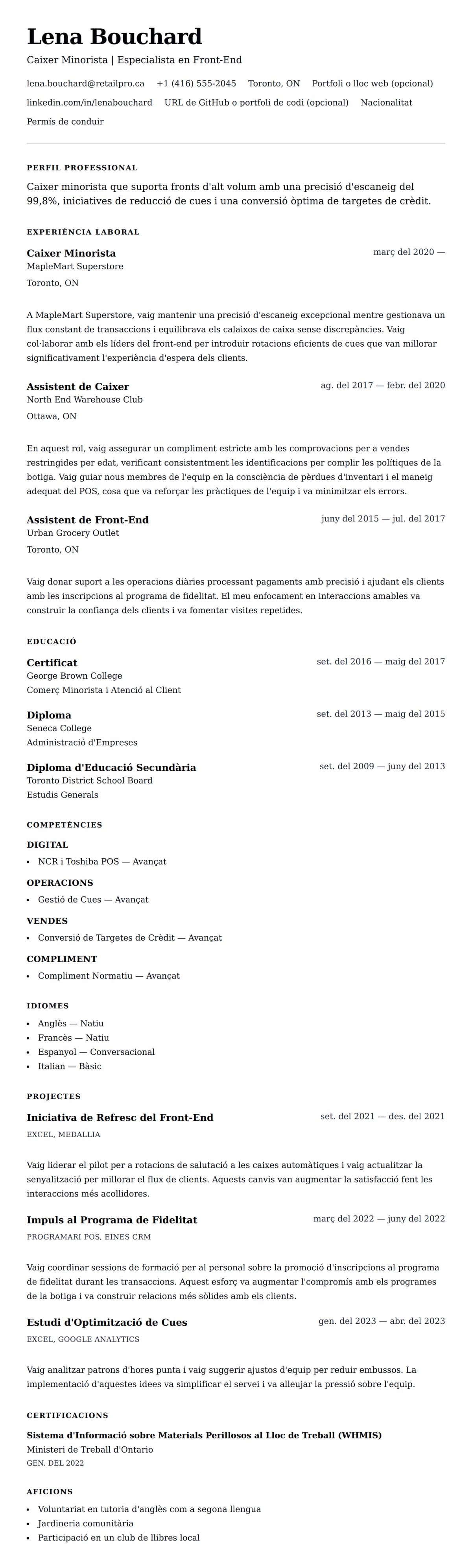 Previsualització del currículum per a Exemple de Currículum de Caixer Minorista