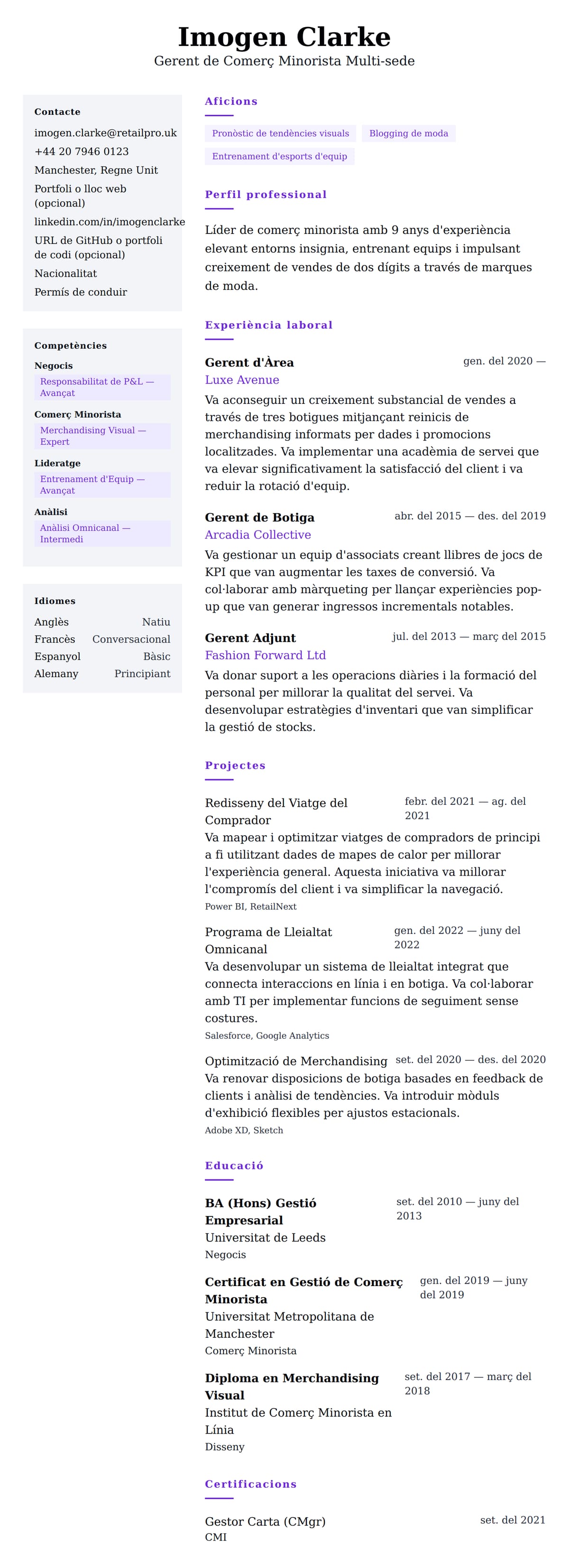 Previsualització del currículum per a Exemple de Currículum de Gerent de Comerç Minorista