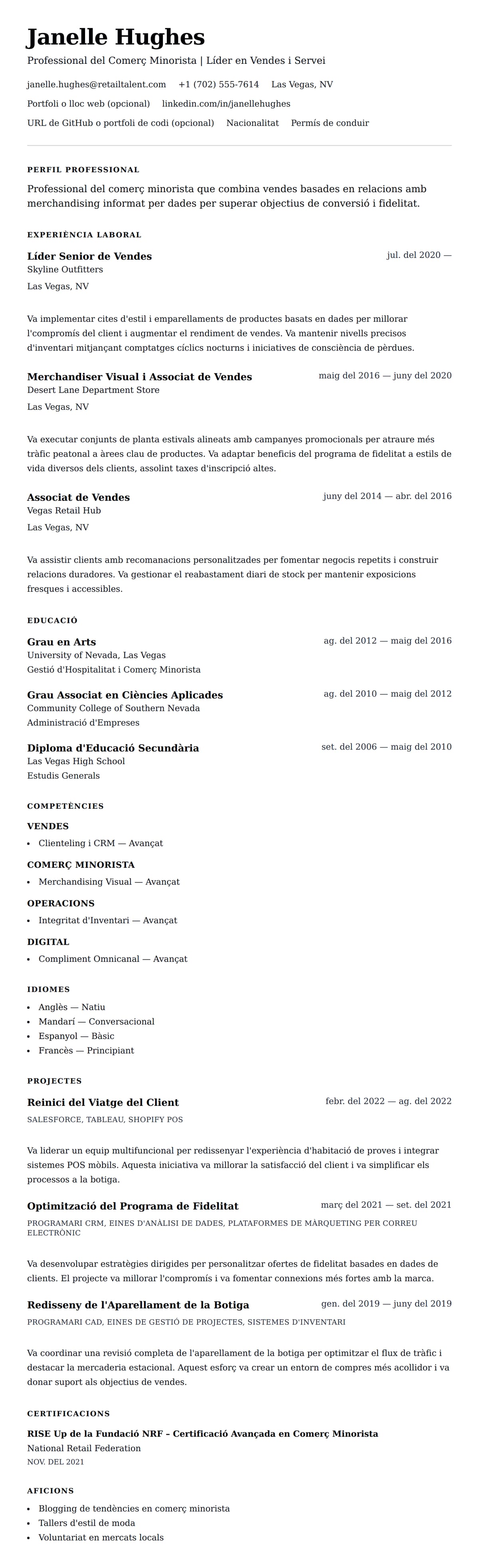 Previsualització del currículum per a Exemple de Currículum de Professional del Comerç Minorista