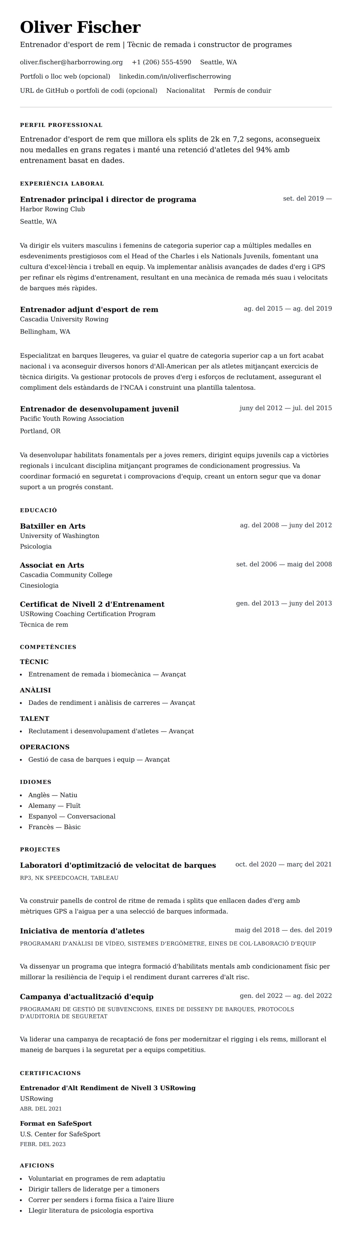 Previsualització del currículum per a Exemple de currículum d'entrenador d'esport de rem