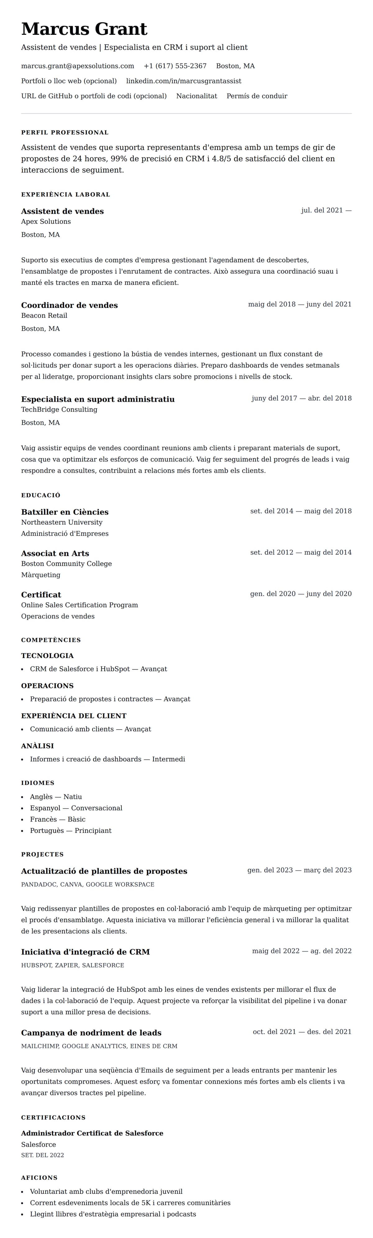 Previsualització del currículum per a Exemple de currículum d'assistent de vendes