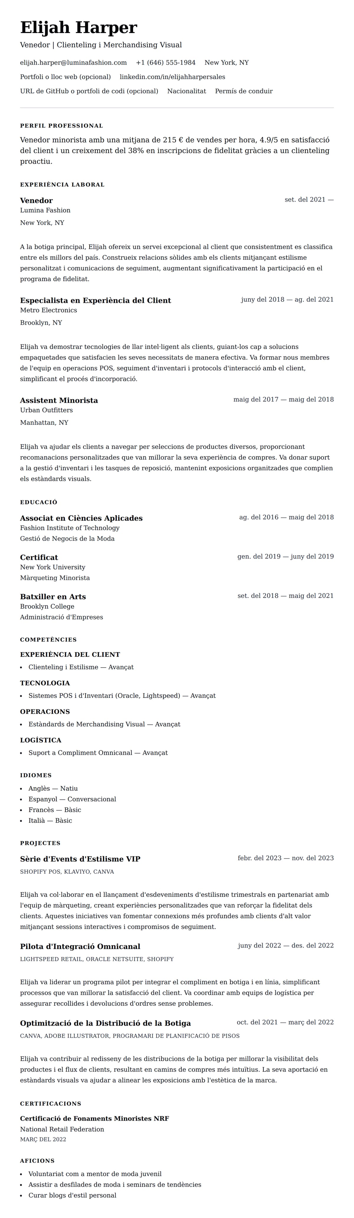 Previsualització del currículum per a Exemple de Currículum de Venedor