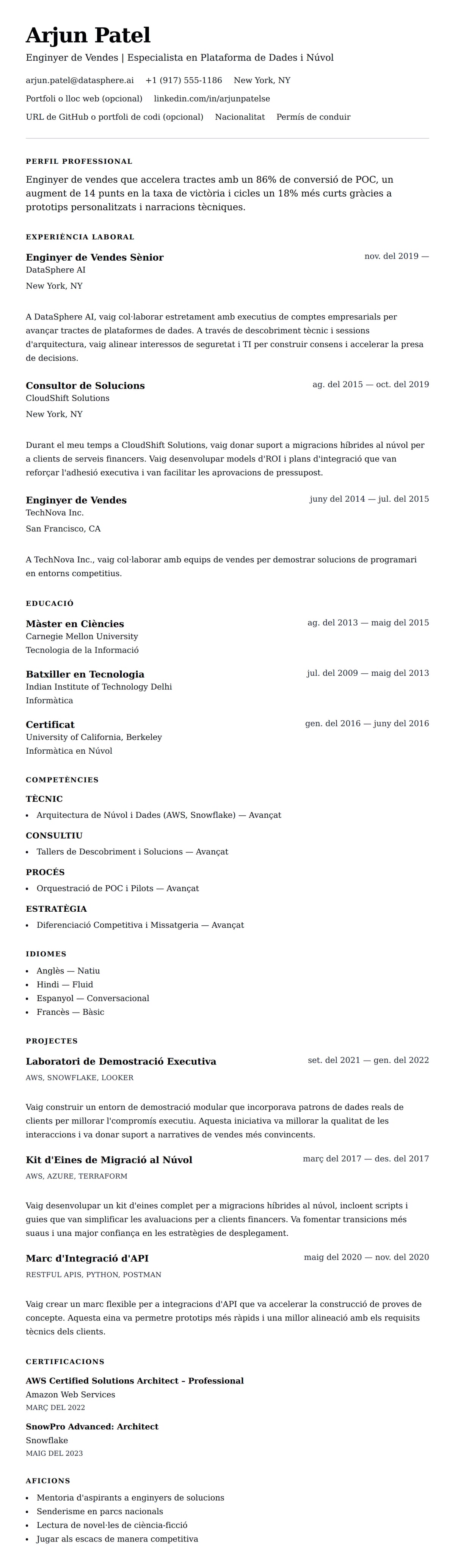 Previsualització del currículum per a Exemple de Currículum d'Enginyer de Vendes