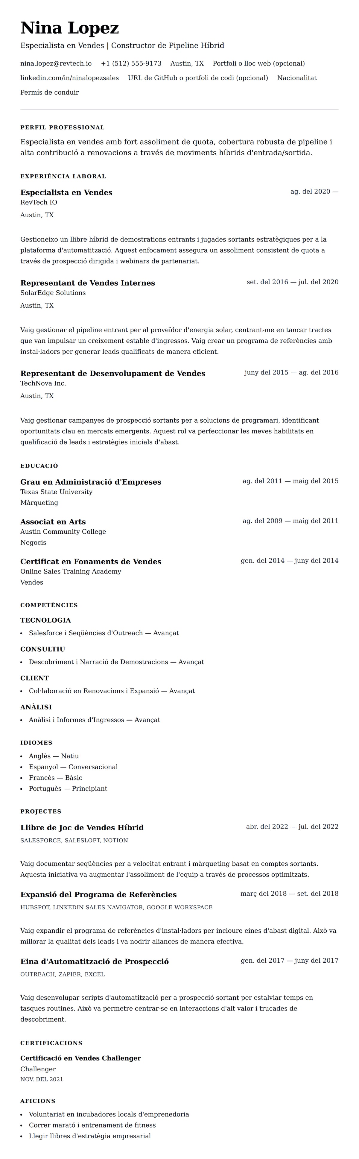 Previsualització del currículum per a Exemple de Currículum d'Especialista en Vendes