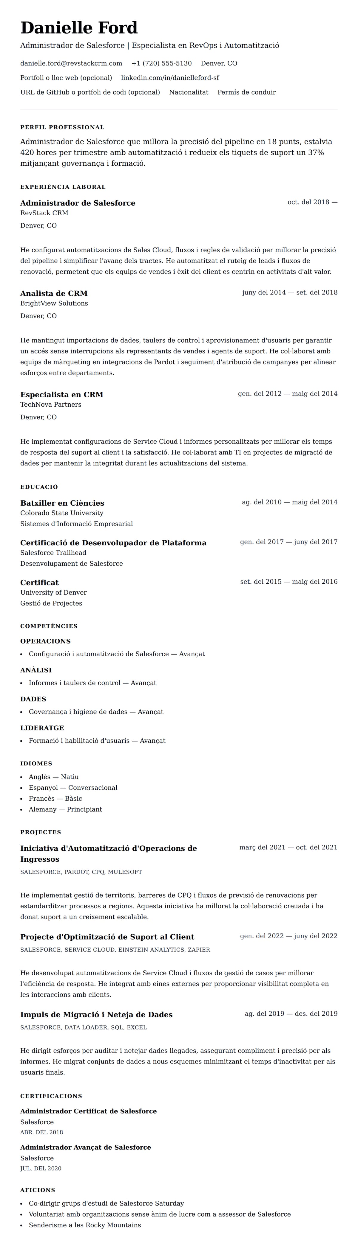 Previsualització del currículum per a Exemple de Currículum d'Administrador de Salesforce