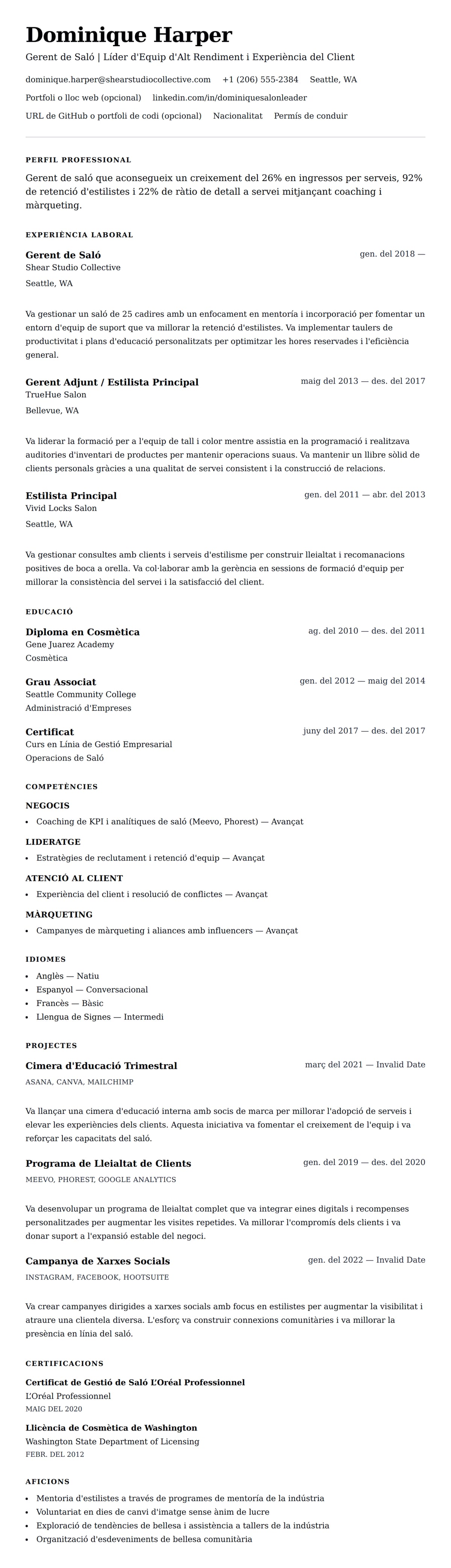 Previsualització del currículum per a Exemple de Currículum de Gerent de Saló