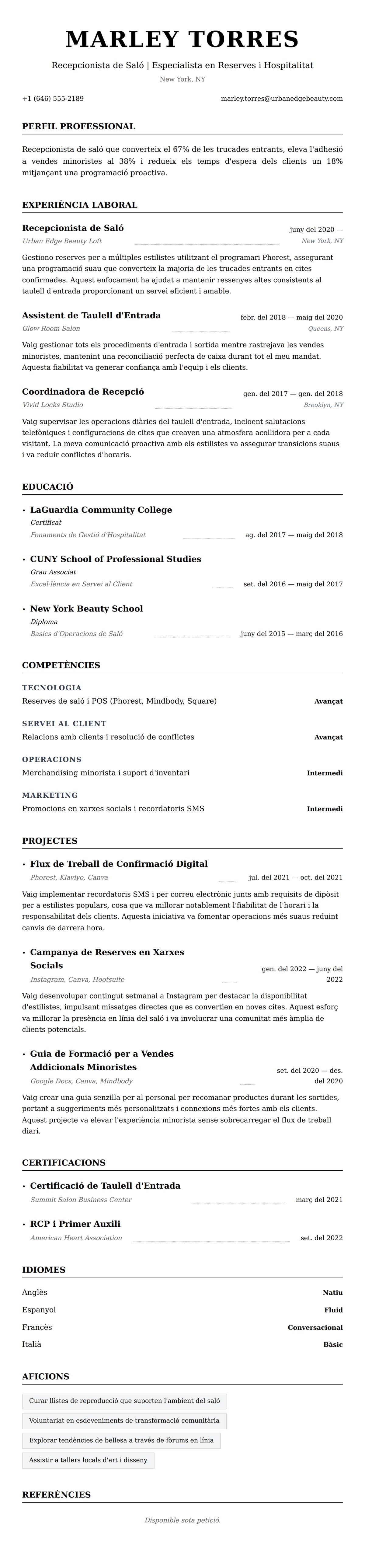 Previsualització del currículum per a Exemple de Currículum de Recepcionista de Saló