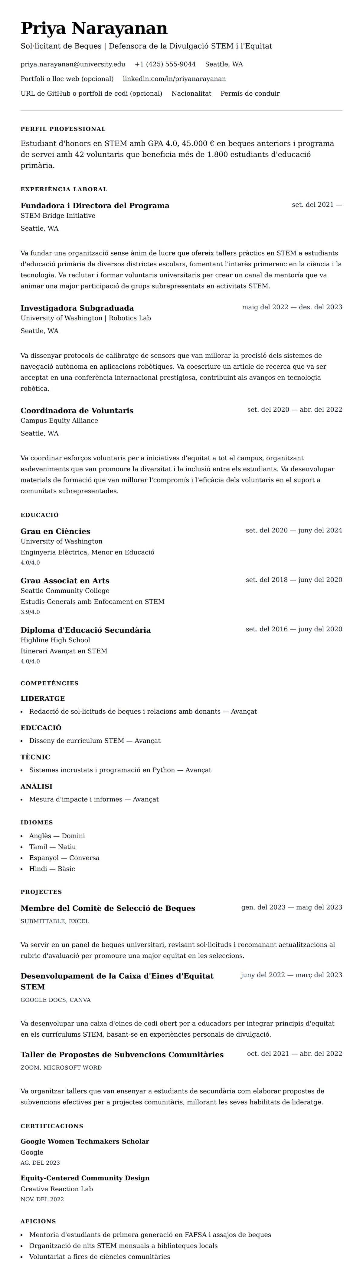 Previsualització del currículum per a Exemple de Currículum per a Beques