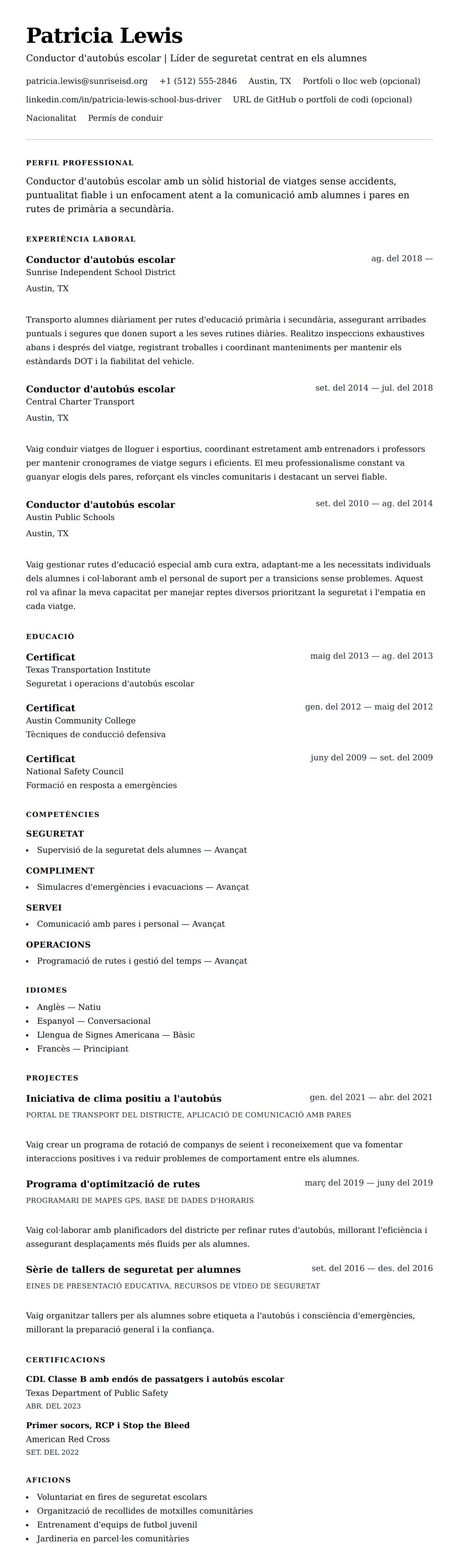 Previsualització del currículum per a Exemple de currículum de conductor d'autobús escolar