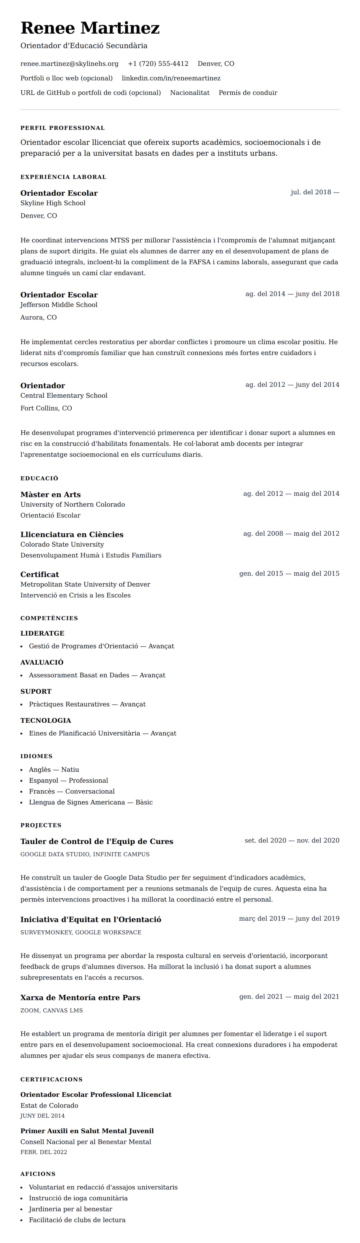 Previsualització del currículum per a Exemple de Currículum d'Orientador Escolar