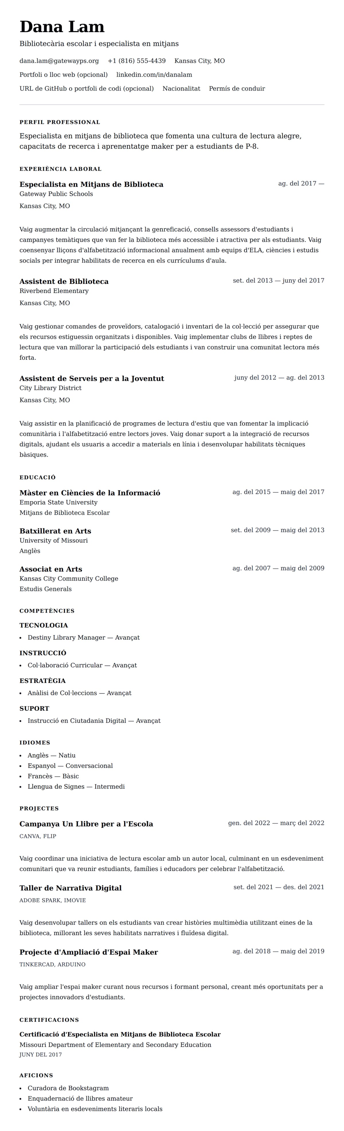 Previsualització del currículum per a Exemple de currículum de bibliotecari