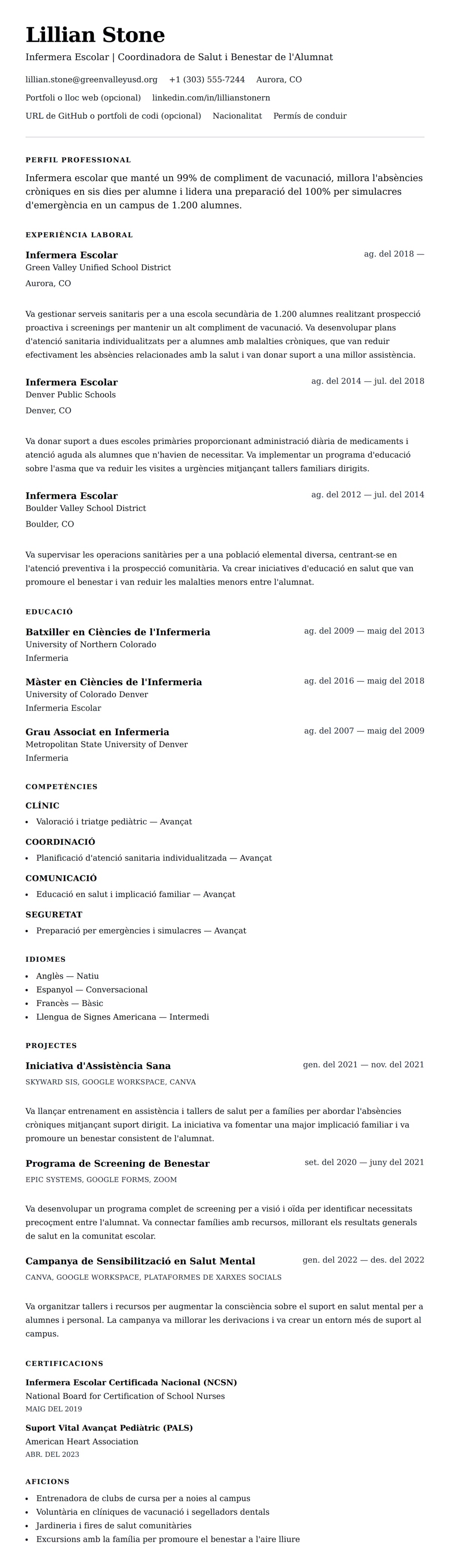 Previsualització del currículum per a Exemple de Currículum d'Infermera Escolar