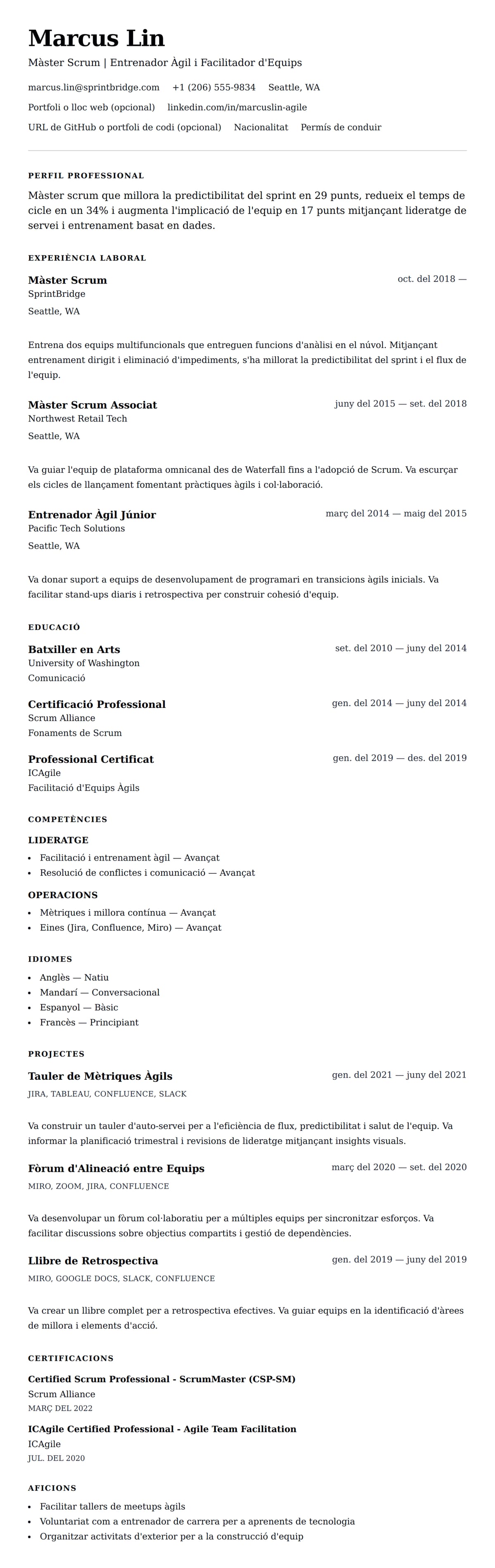 Previsualització del currículum per a Exemple de Currículum de Màster Scrum