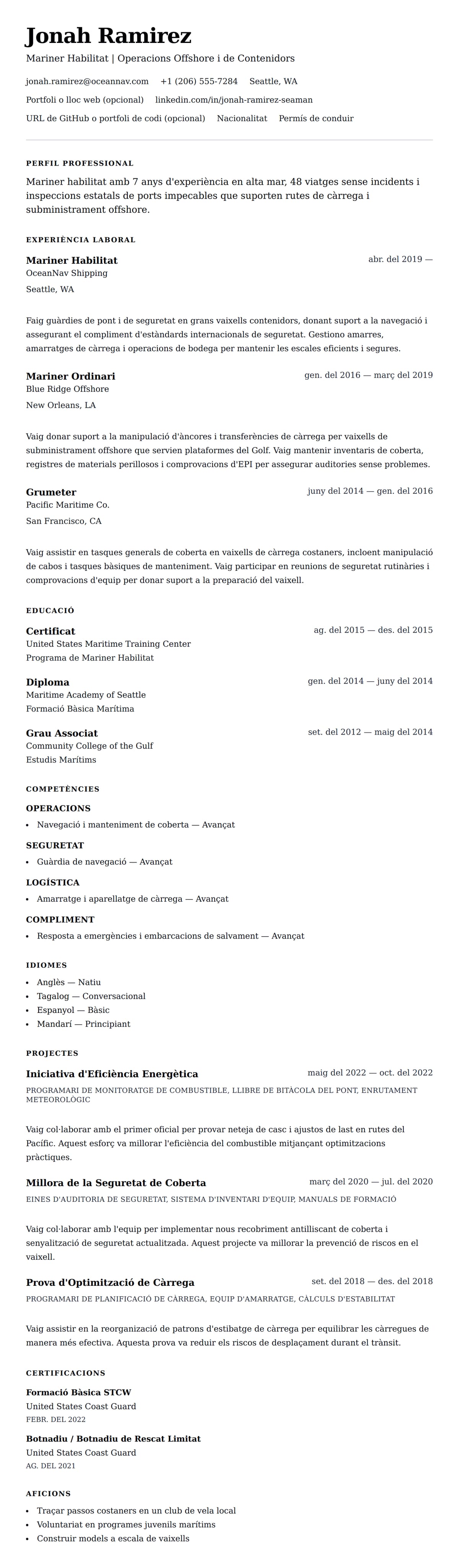 Previsualització del currículum per a Exemple de Currículum de Mariner