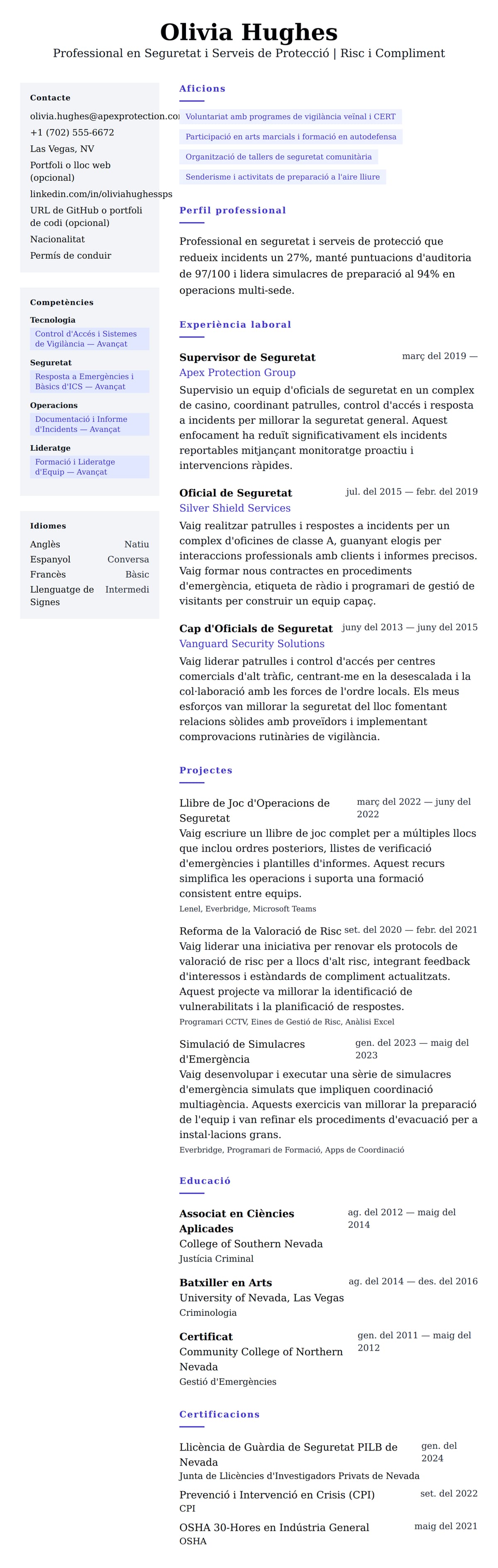Previsualització del currículum per a Exemple de Currículum de Professional en Seguretat i Serveis de Protecció