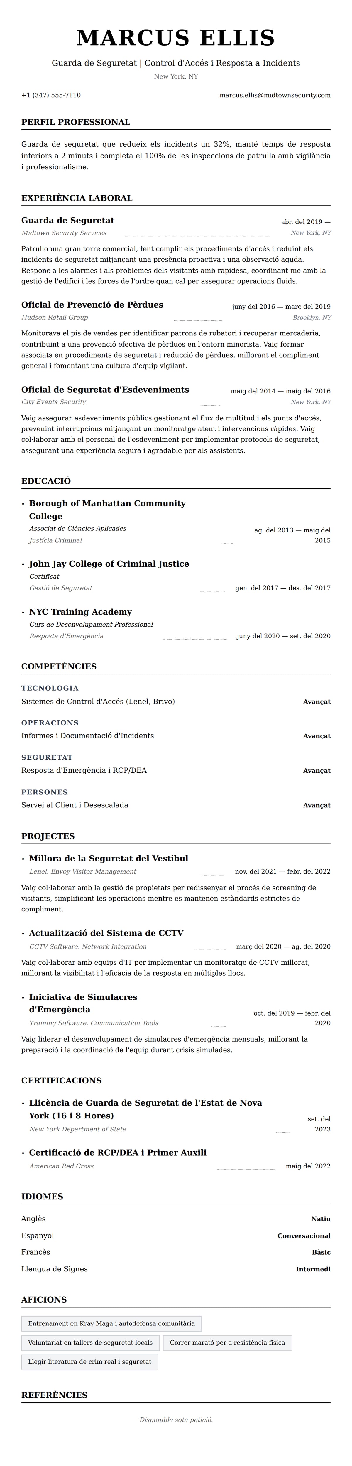 Previsualització del currículum per a Exemple de Currículum de Guarda de Seguretat