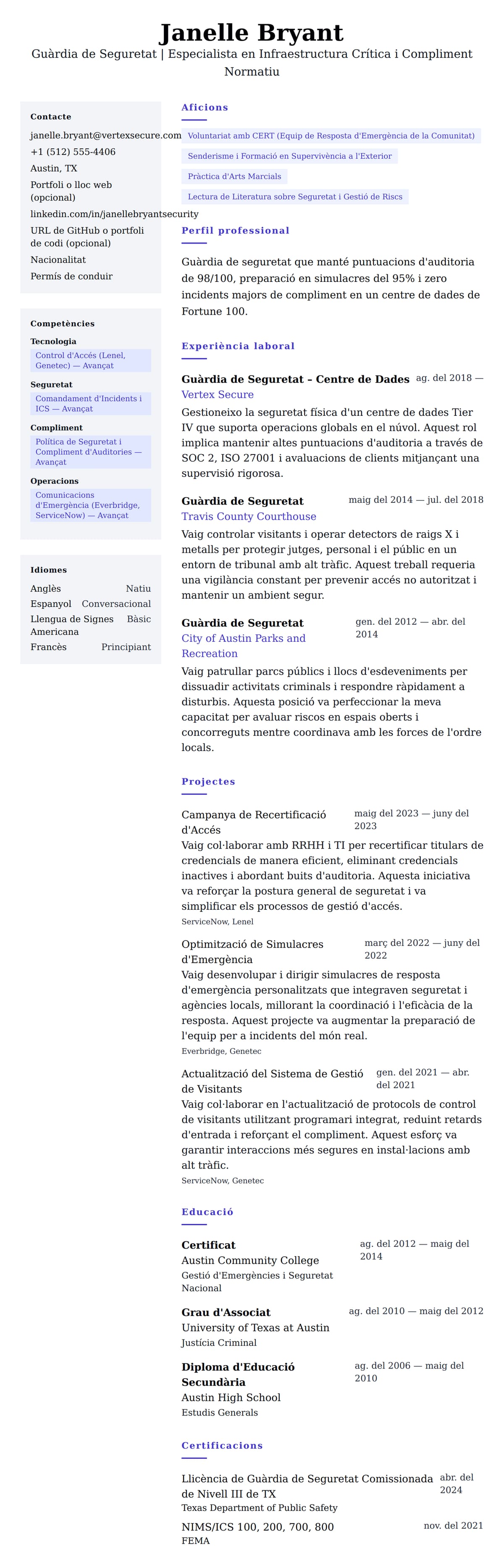 Previsualització del currículum per a Exemple de Currículum de Guàrdia de Seguretat