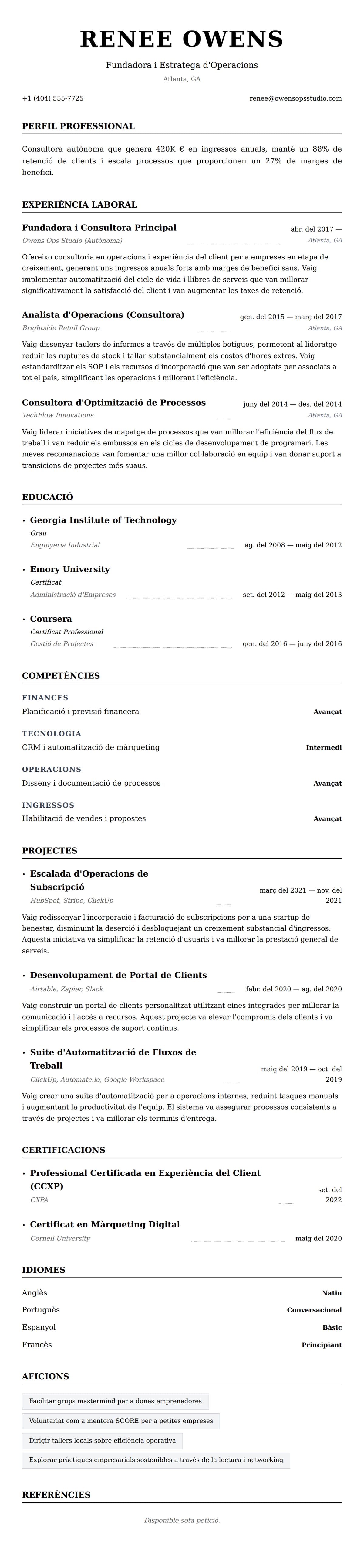 Previsualització del currículum per a Exemple de Currículum de Professional Autònom