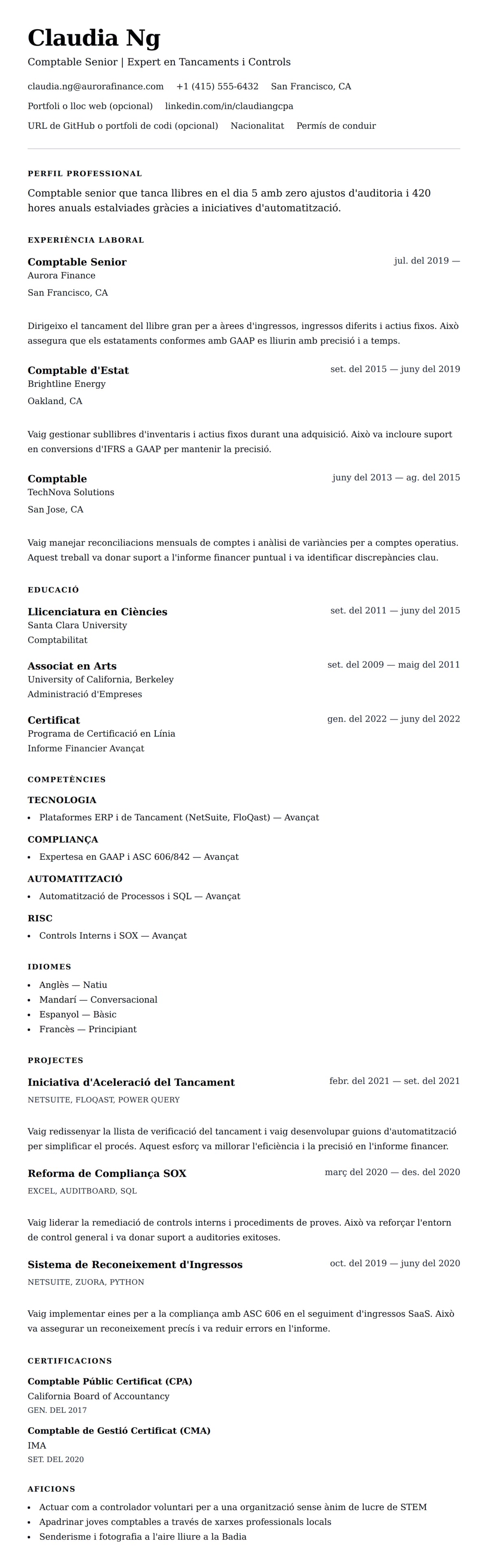 Previsualització del currículum per a Exemple de Currículum de Comptable Senior