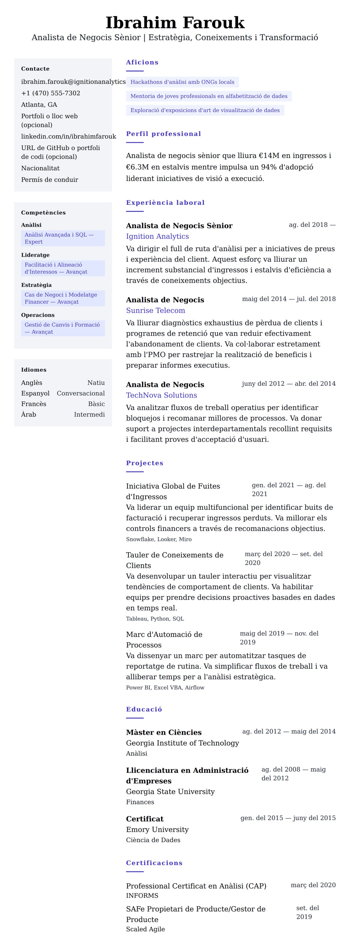 Previsualització del currículum per a Exemple de Currículum d'Analista de Negocis Sènior