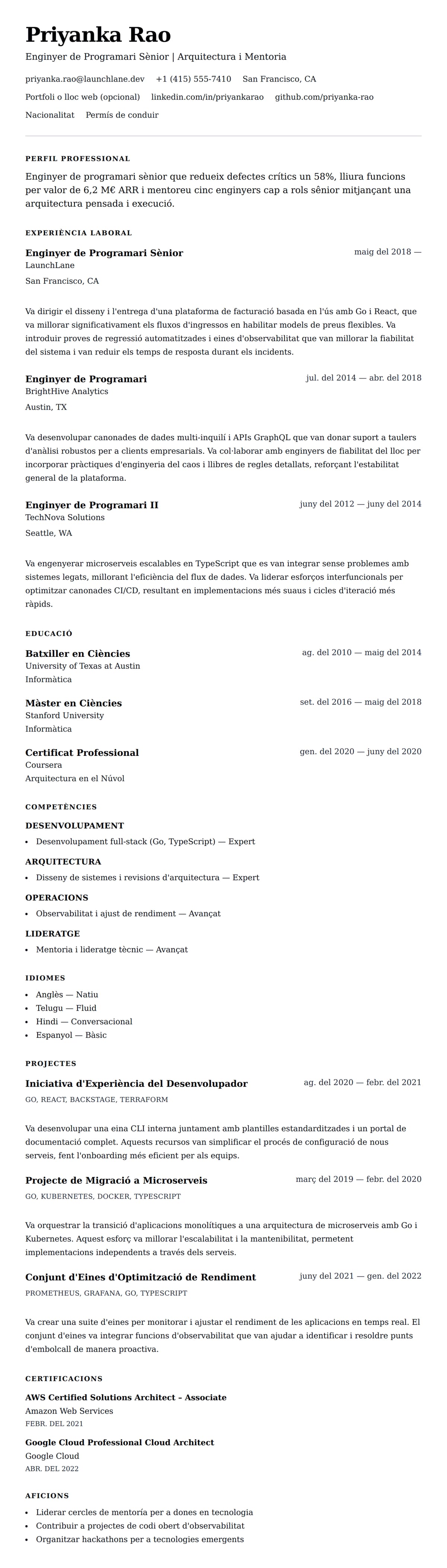 Previsualització del currículum per a Exemple de Currículum d'Enginyer de Programari Sènior