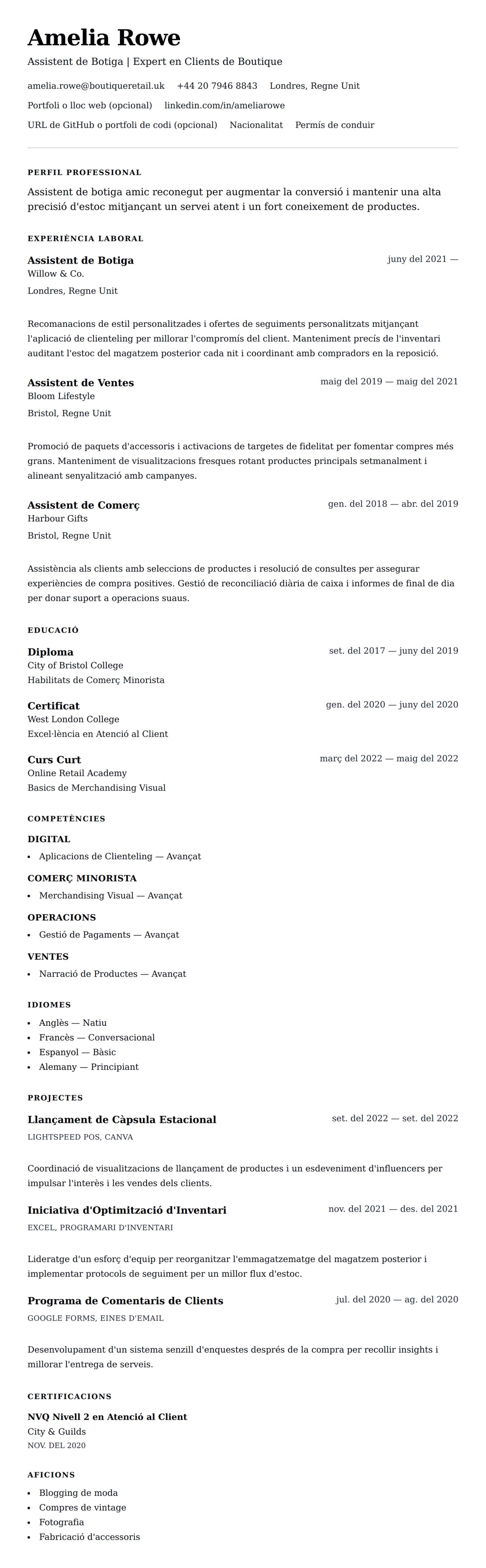 Previsualització del currículum per a Exemple de Currículum d'Assistent de Botiga