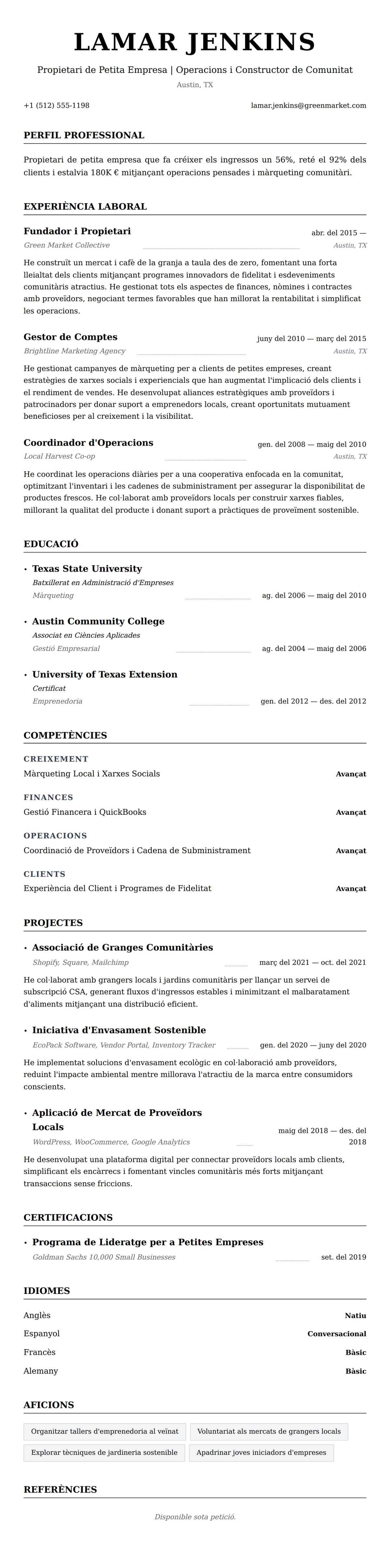 Previsualització del currículum per a Exemple de Currículum de Propietari de Petita Empresa