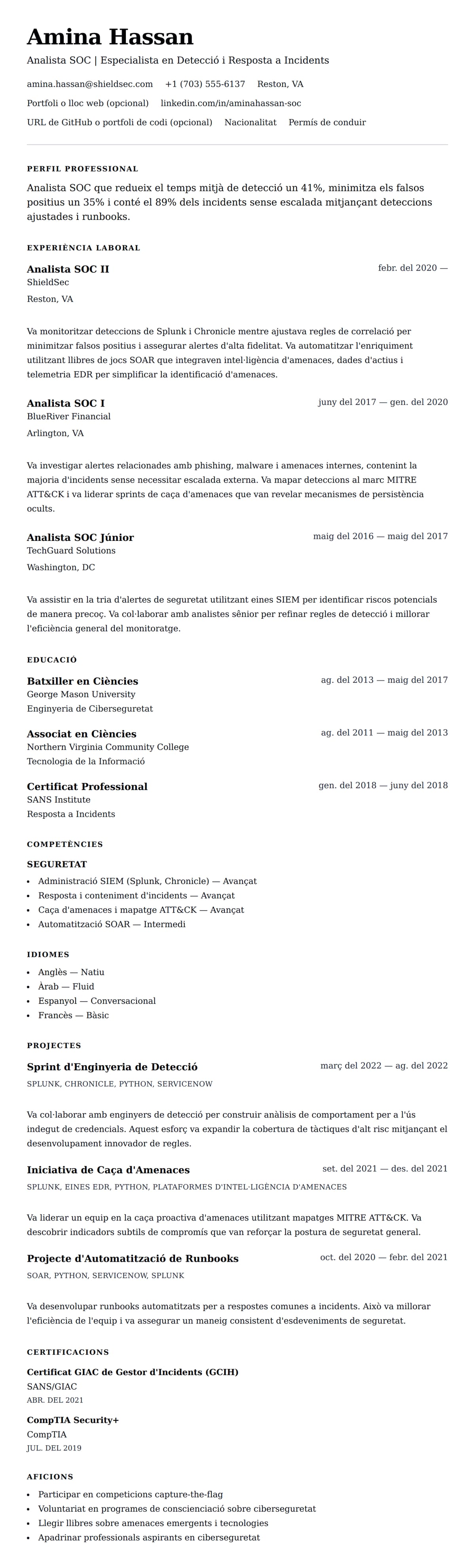 Previsualització del currículum per a Exemple de Currículum d'Analista SOC