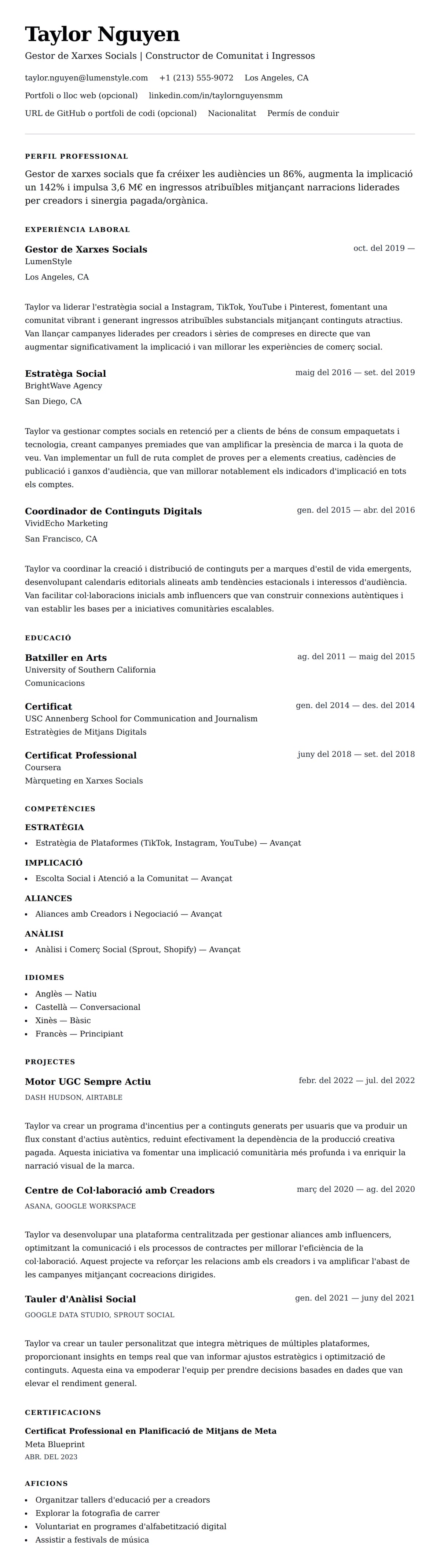 Previsualització del currículum per a Exemple de Currículum de Gestor de Xarxes Socials