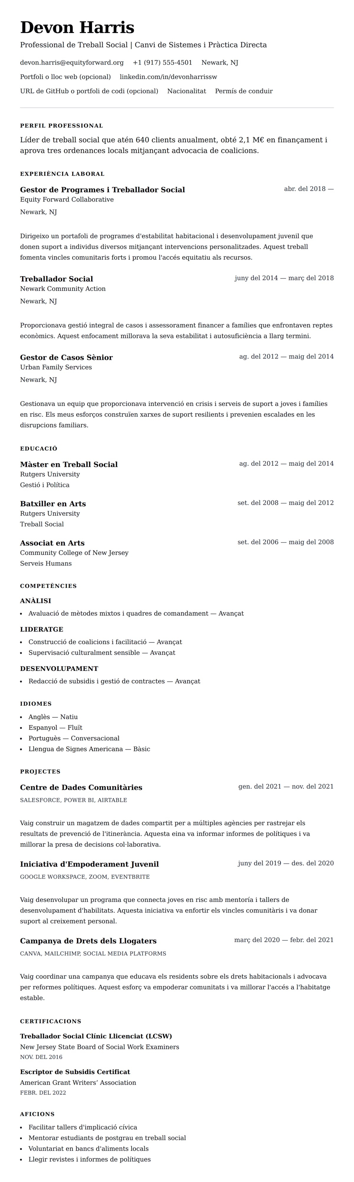 Previsualització del currículum per a Exemple de Currículum de Professional de Treball Social