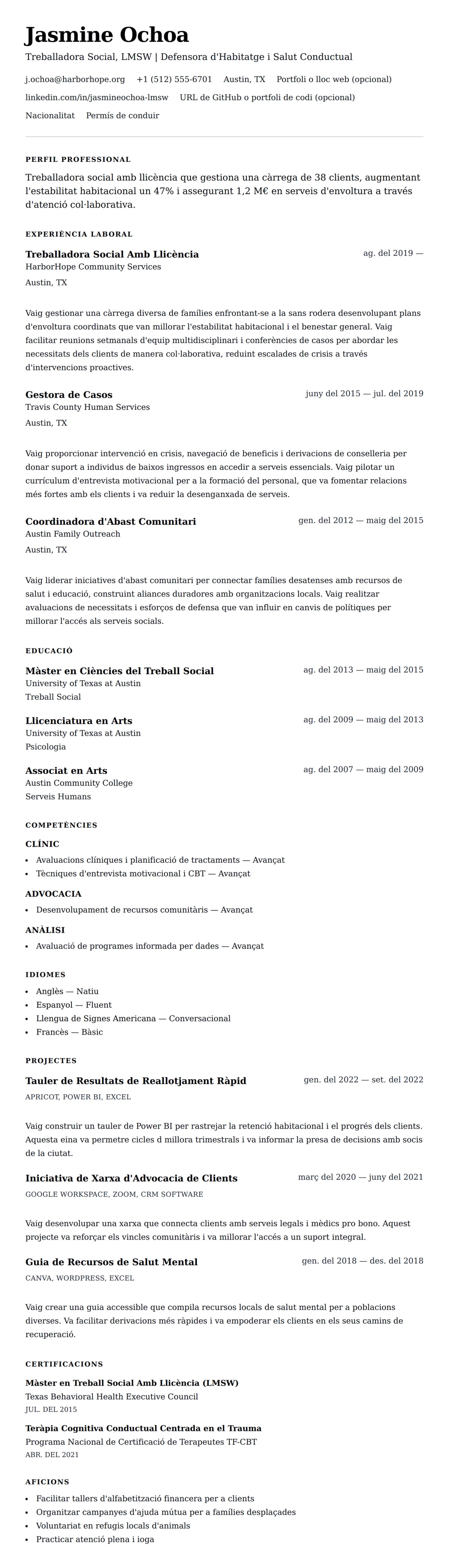 Previsualització del currículum per a Exemple de Currículum de Treballadora Social