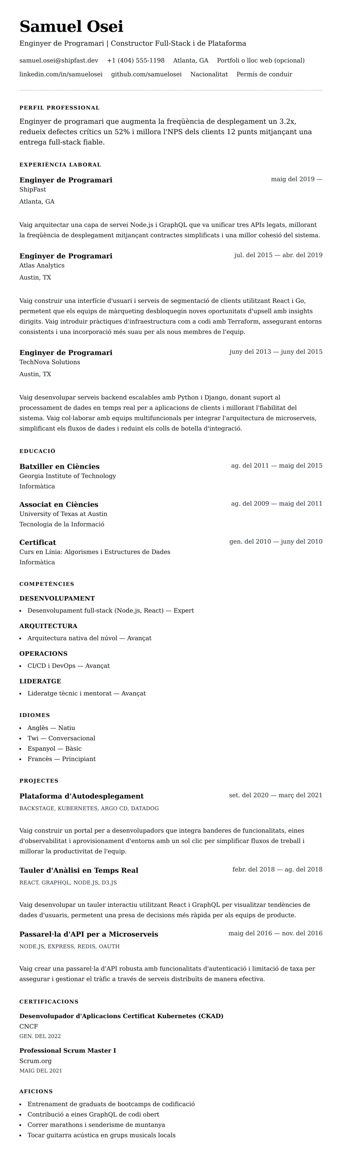 Previsualització del currículum per a Exemple de Currículum d'Enginyer de Programari