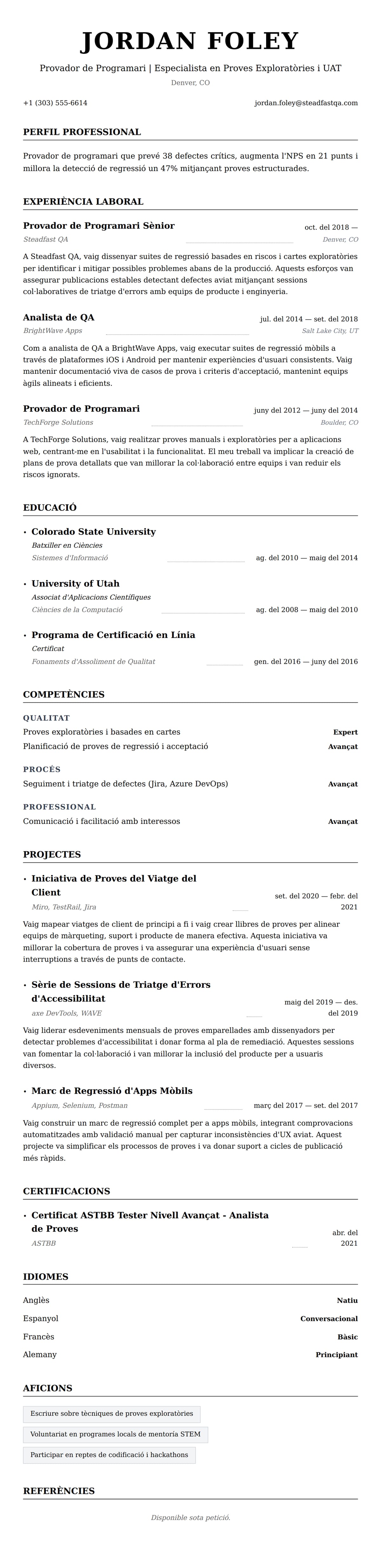 Previsualització del currículum per a Exemple de Currículum de Provador de Programari