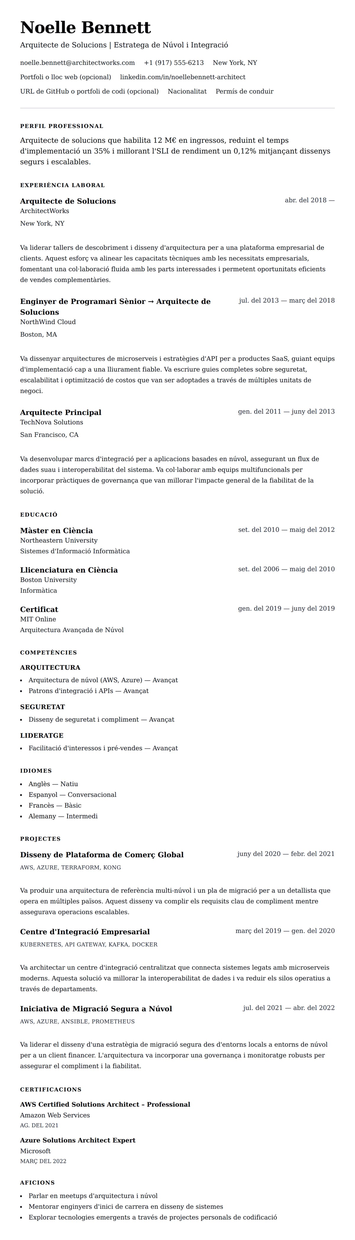 Previsualització del currículum per a Exemple de Currículum d'Arquitecte de Solucions