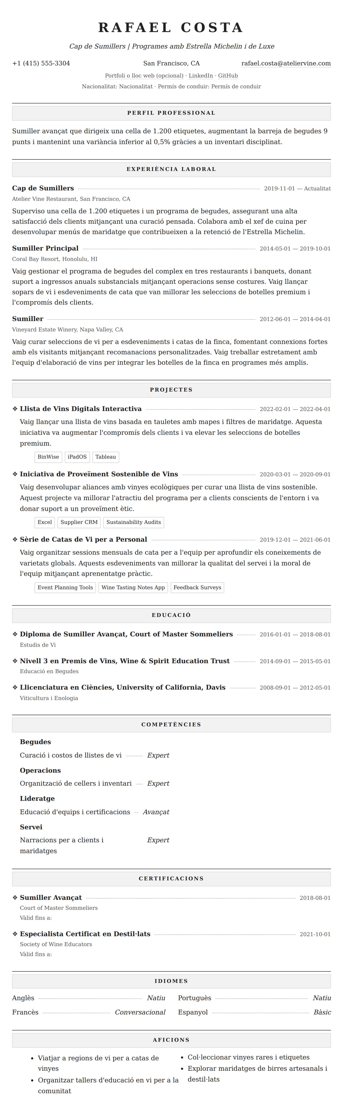 Previsualització del currículum per a Exemple de Currículum de Sumiller