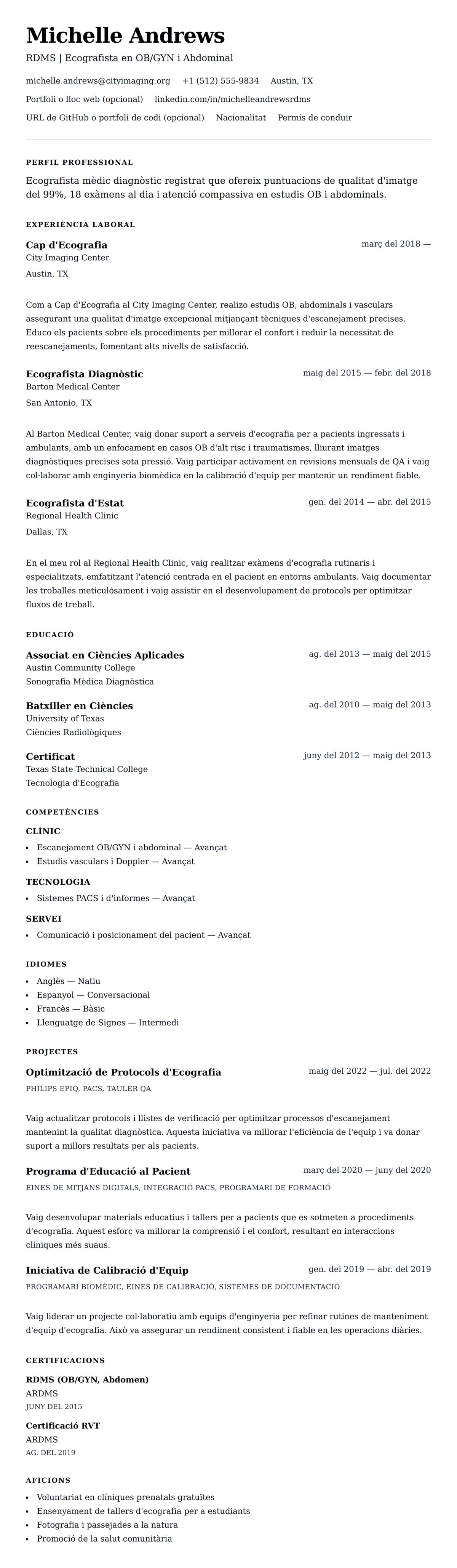 Previsualització del currículum per a Exemple de Currículum d'Ecografista