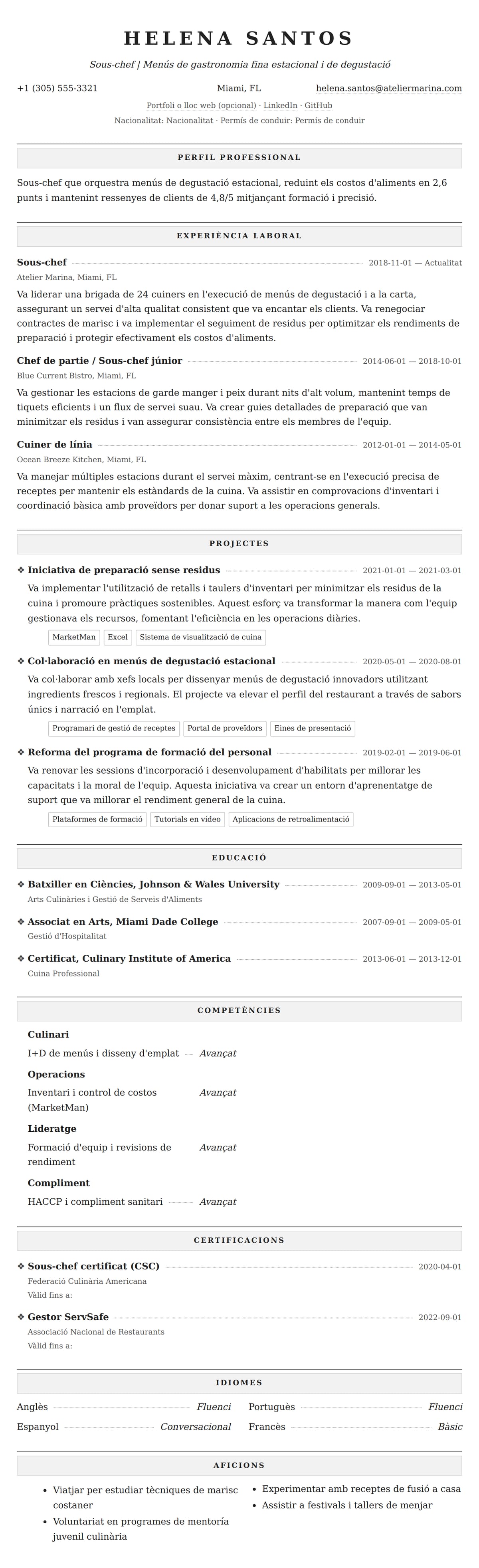 Previsualització del currículum per a Exemple de currículum de sous-chef