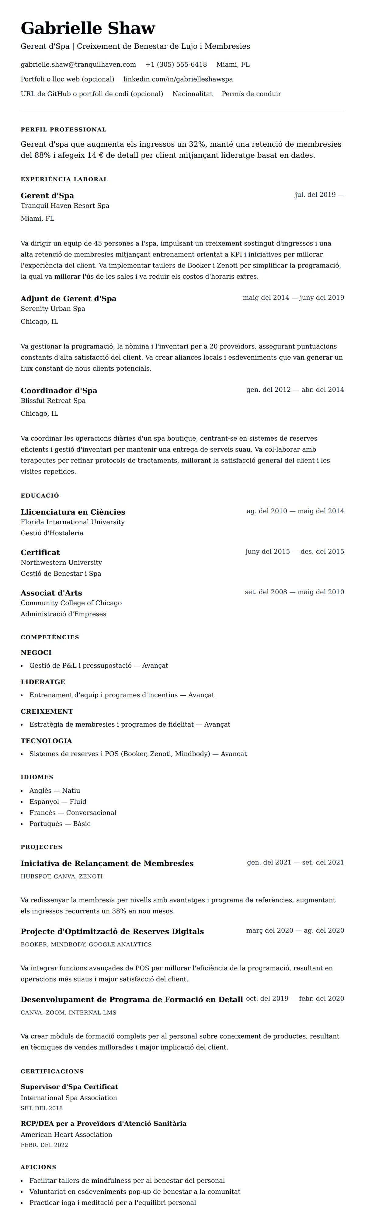 Previsualització del currículum per a Exemple de Currículum de Gerent d'Spa